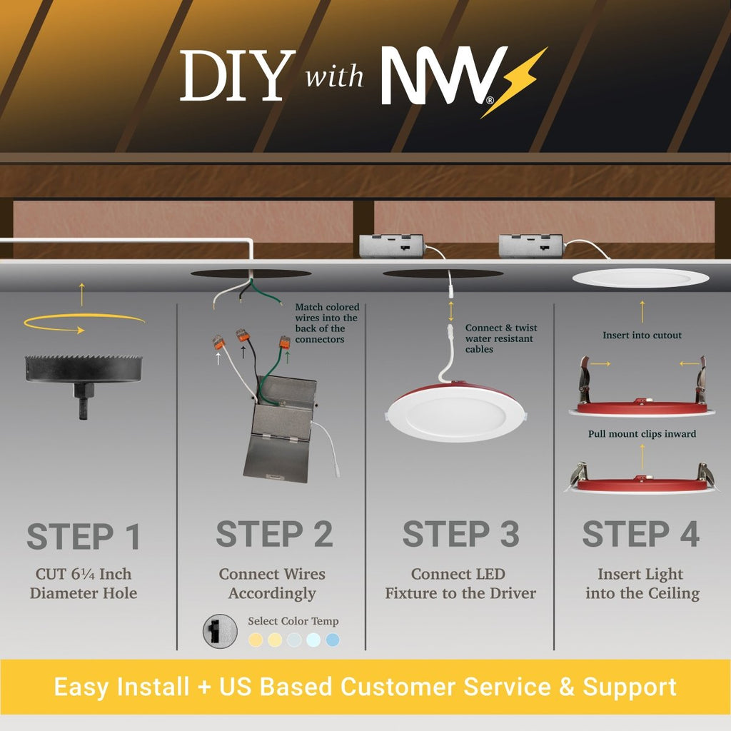 6" Inch 2 Hour Fire Rated Recessed Light Slim Canless LED Wafer Lights - Emergency Battery Back Up Installed - Wet Rated - 5CCT 2700K-5000K - 1200LM