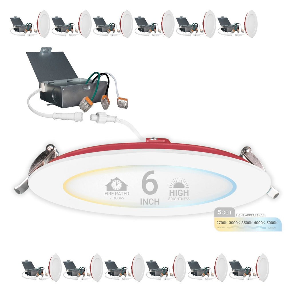 6" Inch 2 Hour Fire Rated Recessed Light Slim Canless LED Wafer Lights - Emergency Battery Back Up Installed - Wet Rated - 5CCT 2700K-5000K - 1200LM