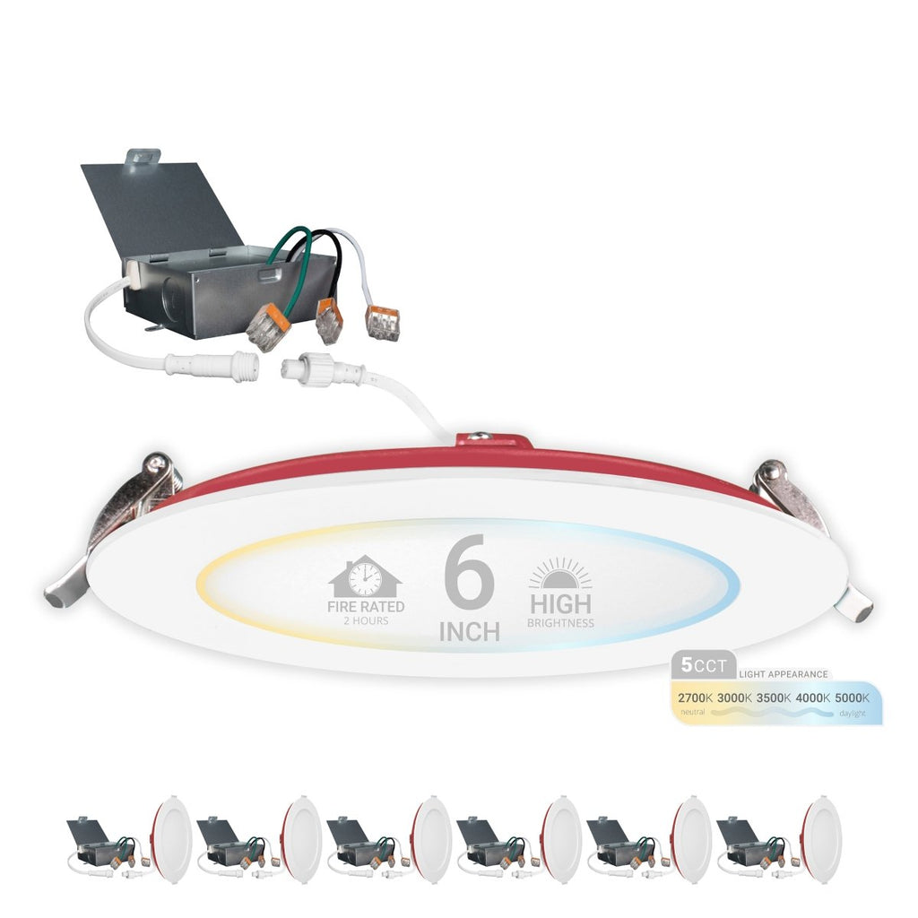 6" Inch 2 Hour Fire Rated Recessed Light Slim Canless LED Wafer Lights - Emergency Battery Back Up Installed - Wet Rated - 5CCT 2700K-5000K - 1200LM