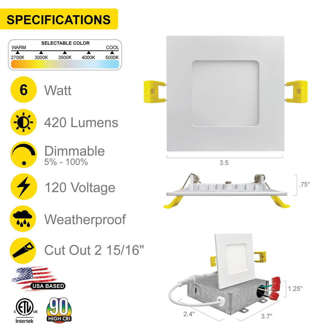 3" Inch White Square Slim Recessed LED Ceiling Lights - 5 Kelvin Temperatures (5CCT) - 8 Watts - 620 Lumens - Dimmable | Panel Recessed Light | Nuwatt Lighting