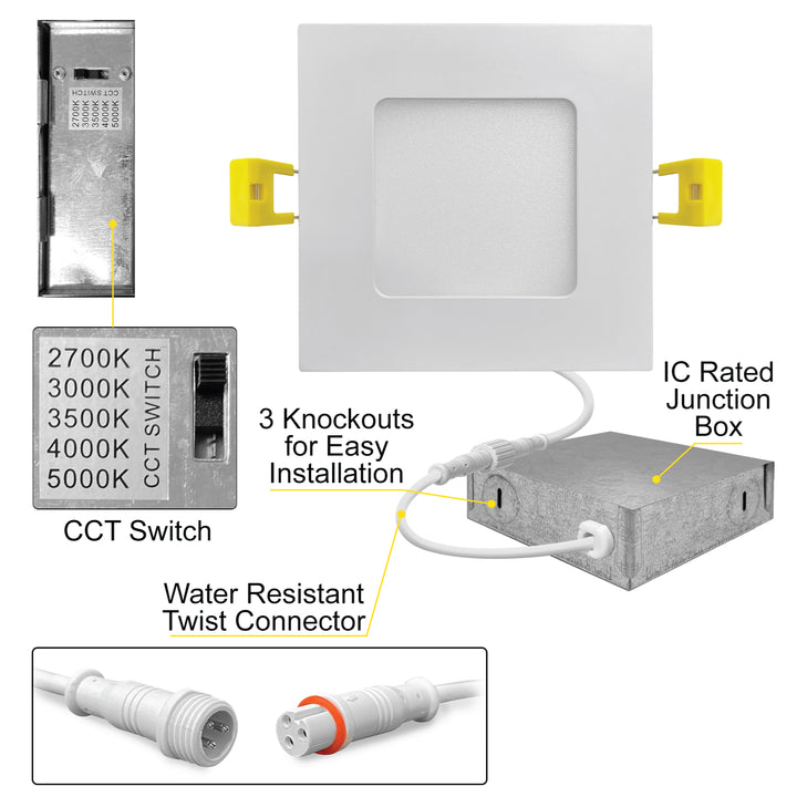 3" Inch White Square Slim Recessed LED Ceiling Lights - 5 Kelvin Temperatures (5CCT) - 8 Watts - 620 Lumens - Dimmable | Panel Recessed Light | Nuwatt Lighting