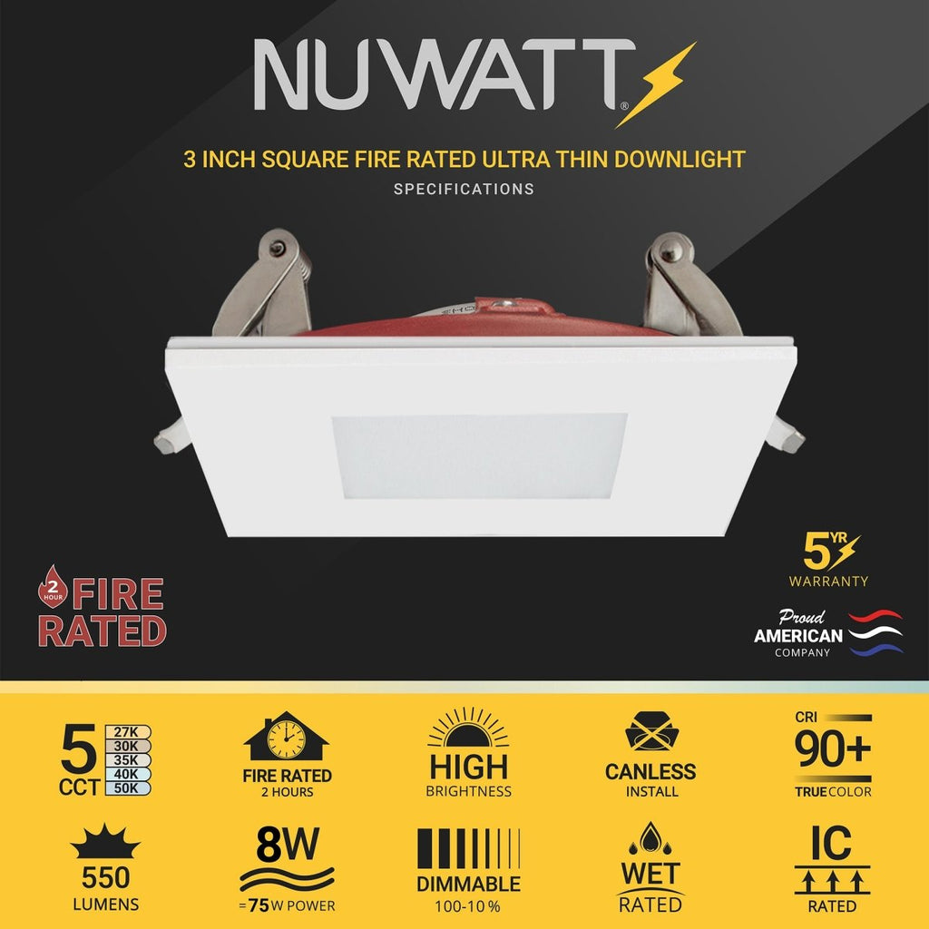 3" Inch Square 2 Hour Fire Rated Recessed Light Slim Canless LED Wafer Lights - Wet Rated - 5CCT 2700K-5000K - 550LM