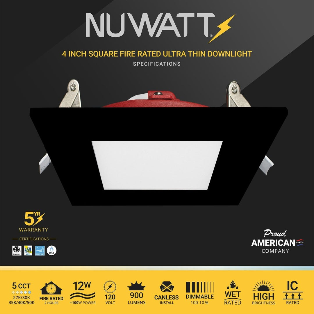 4" Inch 2 HOUR Fire Rated Ultra Thin Square Black Trim LED Recessed Light - 2700K/3000K/3500K/4000K/5000K Selectable - 900 Lumen - Dimmable - IC Rated Canless Downlight - No Fire Cone Needed