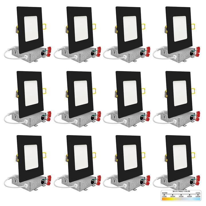 4" Inch Black Square Slim Recessed LED Ceiling Lights - 5 Kelvin Temperatures (5CCT) - 9 Watts - 600 Lumens - Dimmable | Square Panel Recessed Downlight | Nuwatt Lighting