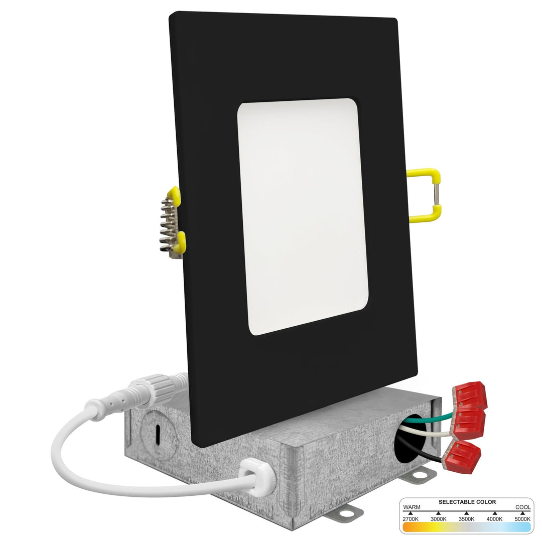 4" Inch Black Square Slim Recessed LED Ceiling Lights - 5 Kelvin Temperatures (5CCT) - 9 Watts - 600 Lumens - Dimmable | Square Panel Recessed Downlight | Nuwatt Lighting