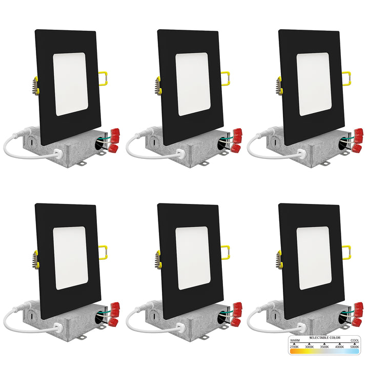 4" Inch Black Square Slim Recessed LED Ceiling Lights - 5 Kelvin Temperatures (5CCT) - 9 Watts - 600 Lumens - Dimmable | Square Panel Recessed Downlight | Nuwatt Lighting