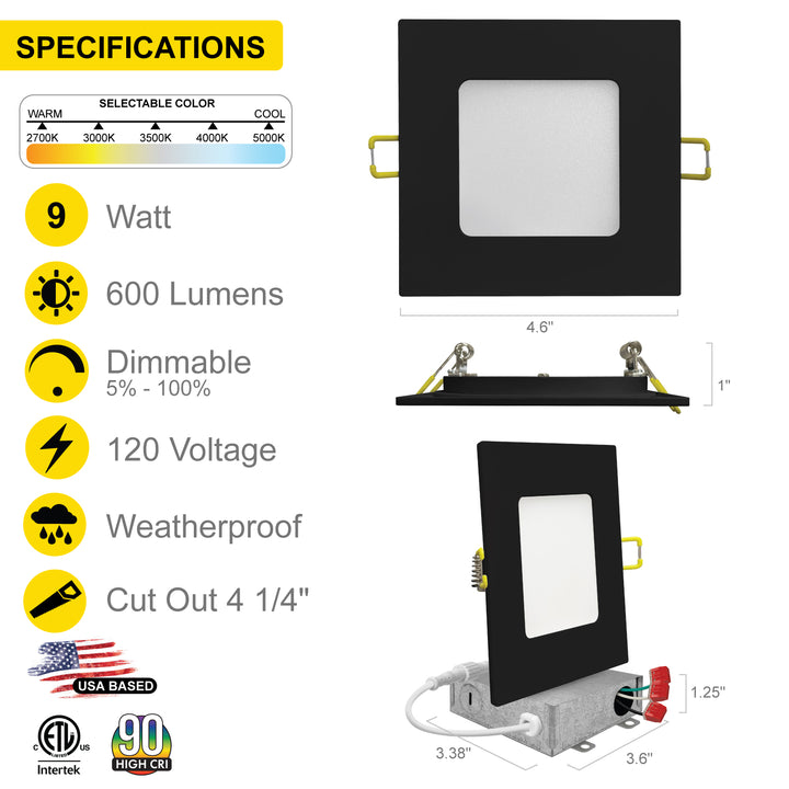 4" Inch Black Square Slim Recessed LED Ceiling Lights - 5 Kelvin Temperatures (5CCT) - 9 Watts - 600 Lumens - Dimmable | Square Panel Recessed Downlight | Nuwatt Lighting