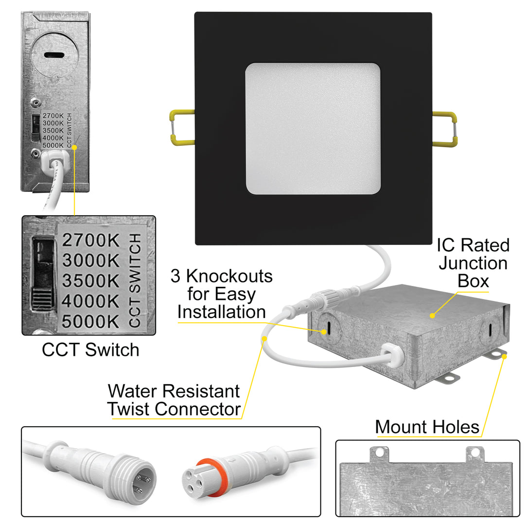 4" Inch Black Square Slim Recessed LED Ceiling Lights - 5 Kelvin Temperatures (5CCT) - 9 Watts - 600 Lumens - Dimmable | Square Panel Recessed Downlight | Nuwatt Lighting