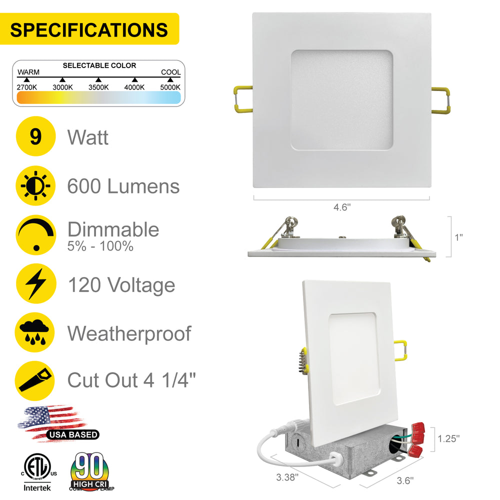 4" Inch White Square Slim Recessed LED Ceiling Light - 5 Kelvin Temperatures (5CCT) - 9 Watt - 600 Lumens - Dimmable | Slim Square Recessed Panel Downlight | Nuwatt Lighting