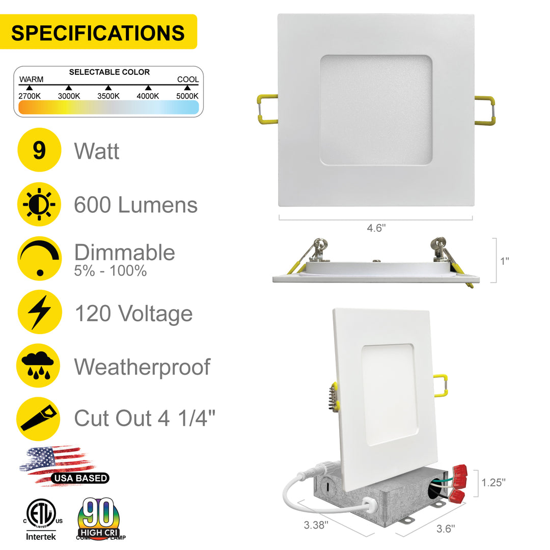 4" Inch White Square Slim Recessed LED Ceiling Light - 5 Kelvin Temperatures (5CCT) - 9 Watt - 600 Lumens - Dimmable | Slim Square Recessed Panel Downlight | Nuwatt Lighting