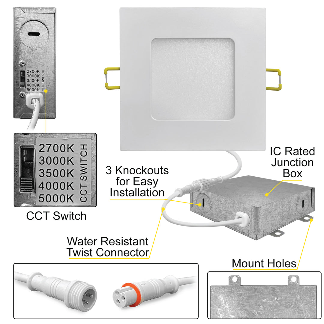 4" Inch White Square Slim Recessed LED Ceiling Light - 5 Kelvin Temperatures (5CCT) - 9 Watt - 600 Lumens - Dimmable | Slim Square Recessed Panel Downlight | Nuwatt Lighting