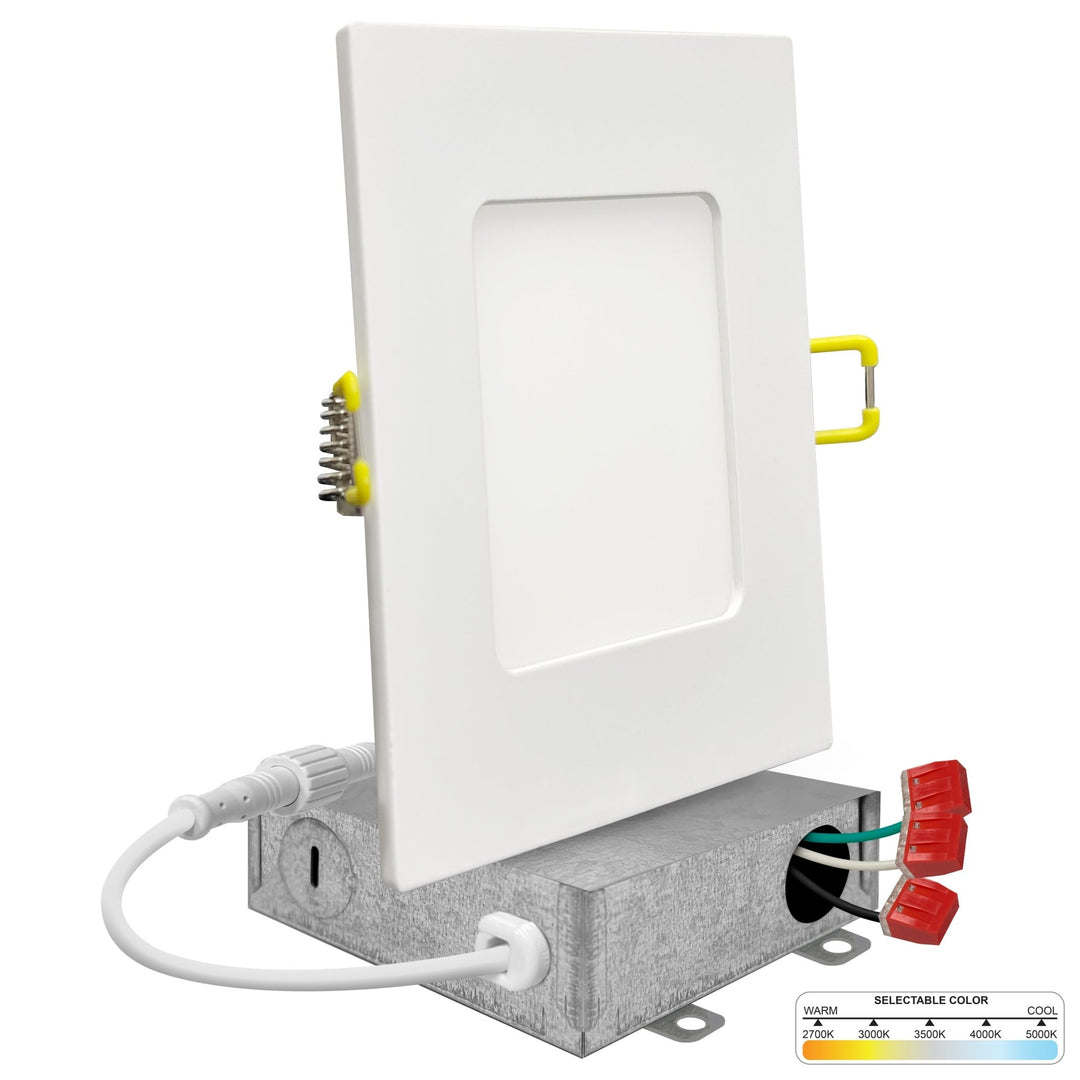 4" Inch White Square Slim Recessed LED Ceiling Light - 5 Kelvin Temperatures (5CCT) - 9 Watt - 600 Lumens - Dimmable | Slim Square Recessed Panel Downlight | Nuwatt Lighting