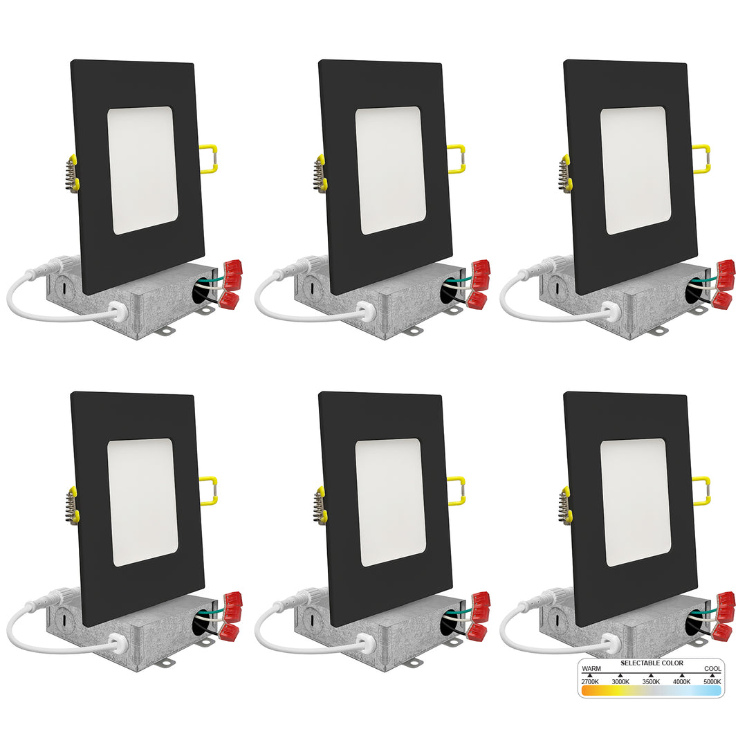 6" Inch Black Square Slim Recessed LED Ceiling Light - 5 Kelvin Temperatures (5CCT) - 15 Watt - 1050 Lumens - Dimmable | Square Panel Recessed Downlight | Nuwatt Lighting