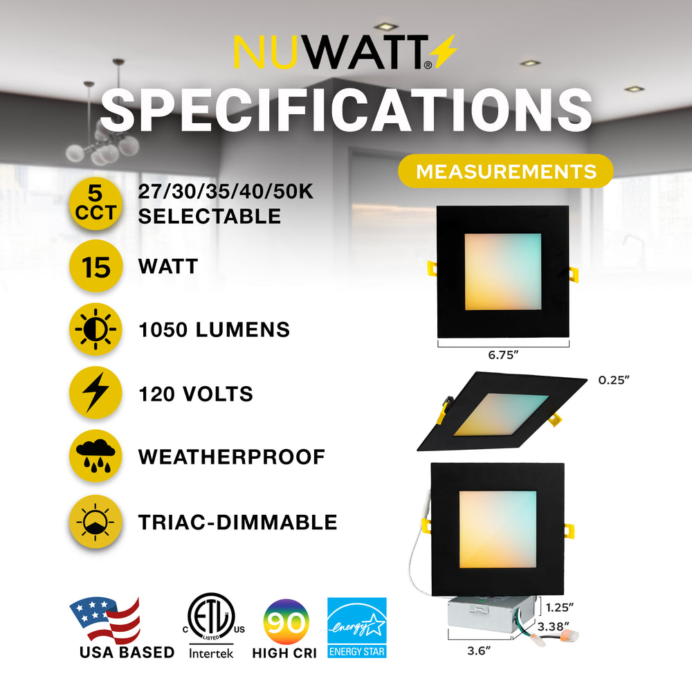 6" Inch Black Square Slim Recessed LED Ceiling Light - 5 Kelvin Temperatures (5CCT) - 15 Watt - 1050 Lumens - Dimmable | Square Panel Recessed Downlight | Nuwatt Lighting