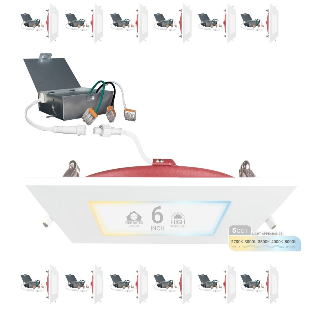 6" Inch 2 HOUR FIRE RATED Ultra-Thin Square Trim LED Recessed Light - 5CCT 2700K/3000K/3500K/4000K/5000K Selectable - 1200 Lumen Dimmable - IC Rated Canless Downlight - No Fire Cone Needed