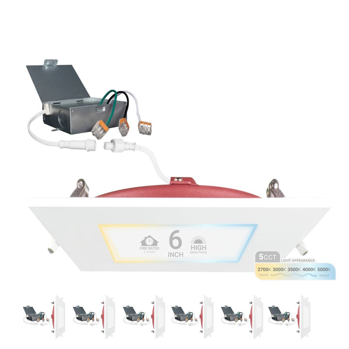 6" Inch 2 HOUR FIRE RATED Ultra-Thin Square Trim LED Recessed Light - 5CCT 2700K/3000K/3500K/4000K/5000K Selectable - 1200 Lumen Dimmable - IC Rated Canless Downlight - No Fire Cone Needed