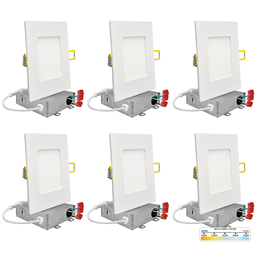6" Inch White Square Slim Recessed LED Ceiling Light - 5 Kelvin Temperatures (5CCT) - 15 Watt - 1050 Lumens - Dimmable | Square Panel Recessed Downlight | Nuwatt Lighting