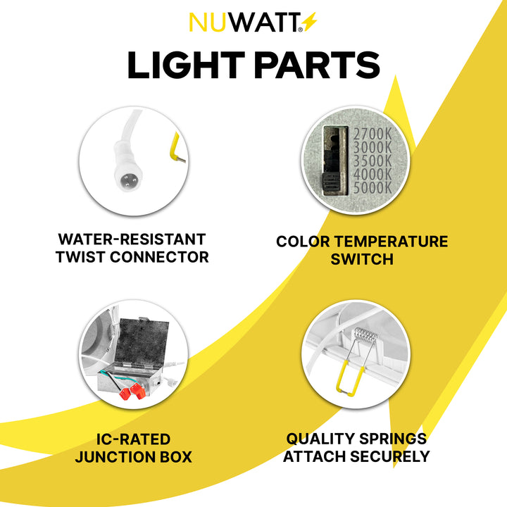 6" Inch White Square Slim Recessed LED Ceiling Light - 5 Kelvin Temperatures (5CCT) - 15 Watt - 1050 Lumens - Dimmable | Square Panel Recessed Downlight | Nuwatt Lighting