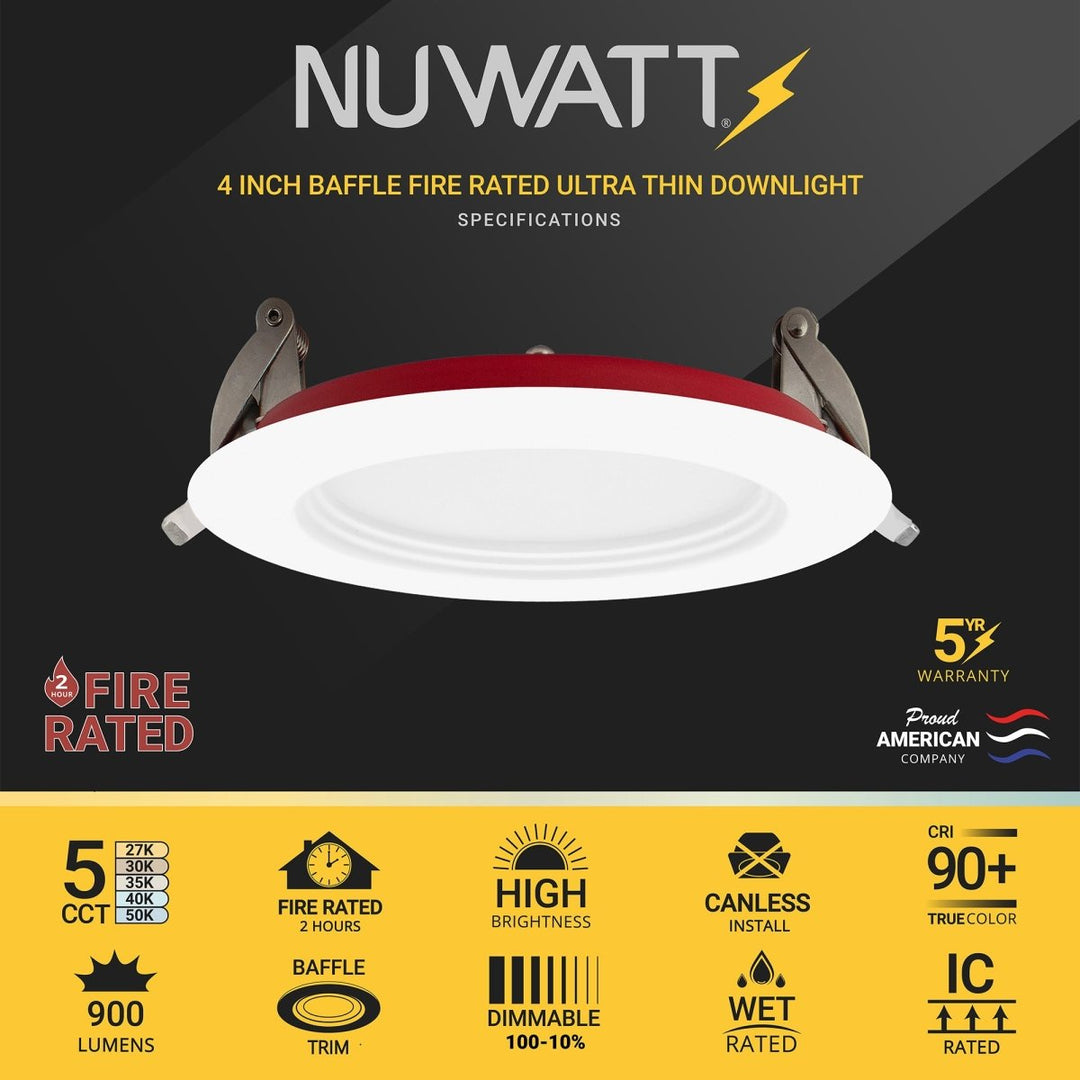 4" Inch 2 HOUR FIRE RATED Ultra-Thin LED Baffle Trim Recessed Light - 2700K/3000K/3500K/4000K/5000K Selectable - Dimmable - 900 Lumens - 12W - IC Rated - Wet Rated Canless Downlight - No Fire Cone Needed