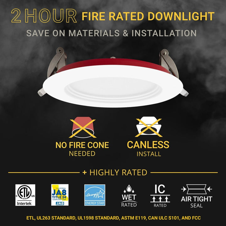 4" Inch 2 HOUR FIRE RATED Ultra-Thin LED Baffle Trim Recessed Light - 2700K/3000K/3500K/4000K/5000K Selectable - Dimmable - 900 Lumens - 12W - IC Rated - Wet Rated Canless Downlight - No Fire Cone Needed