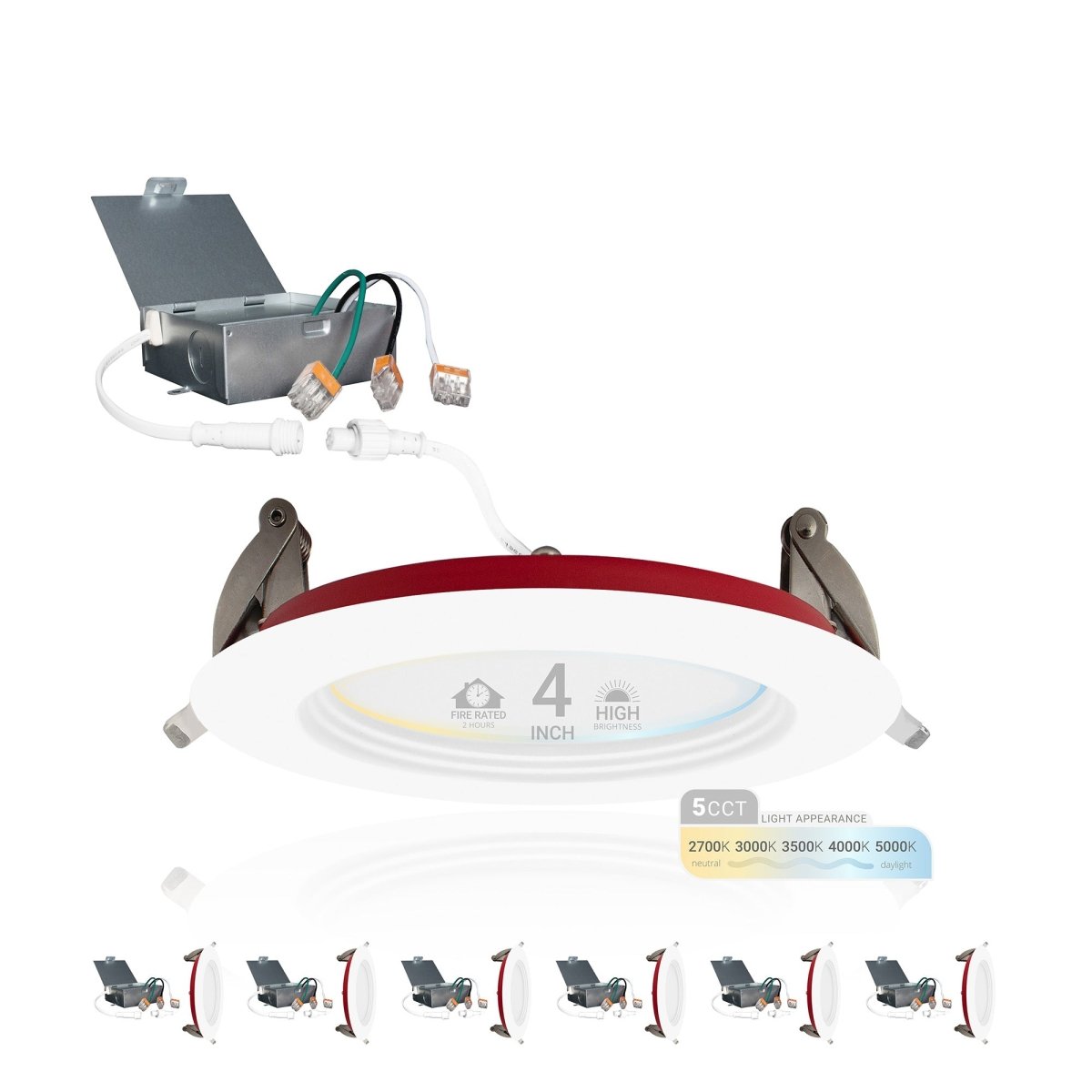 4 Inch Baffle Trim 2 Hour Fire Rated Recessed Light Slim Canless LED Wafer Lights Wet Rated 5CCT 2700K 5000K 900LM