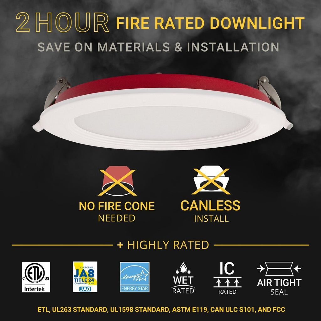 6" Inch Baffle Trim 2 Hour Fire Rated Recessed Light Slim Canless LED Wafer Lights - Wet Rated - 5CCT 2700K-5000K - 1200LM