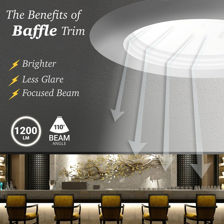 6" Inch 2 hour Fire Rated Ultra-Thin LED Baffle Trim Recessed Light - 2700K/3000K/3500K/4000K/5000K Selectable - Dimmable - 1200 Lumen - 15W - IC Rated - Wet Rated Canless Downlight - No Fire Cone Needed