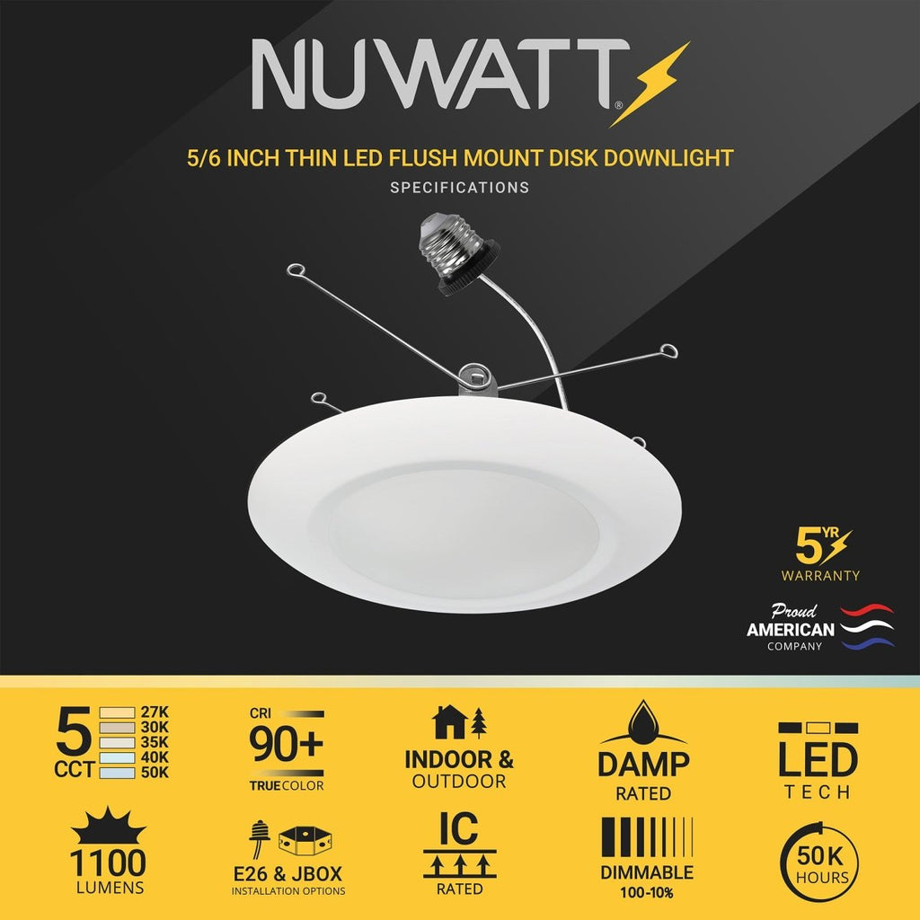 5/6" Inch LED Disk Lights Dual Installation 6" Can Lights or Surface Mount Disk Downlights - 5CCT 2700K-5000K - 1100LM
