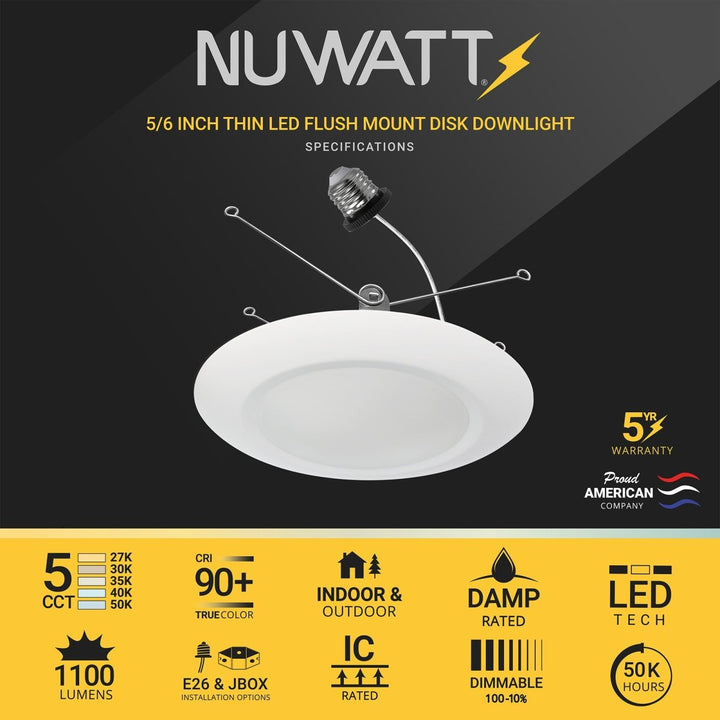 5/6" Inch LED Disk Lights Dual Installation 6" Can Lights or Surface Mount Disk Downlights - 5CCT 2700K-5000K - 1100LM