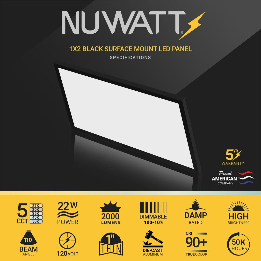 1x2 FT LED Surface Mount Panel - 5 Kelvin Selectable (5CCT) - 22 Watts - 2000 Lumens - Triac-Dimmable - CRI>90 - Black
