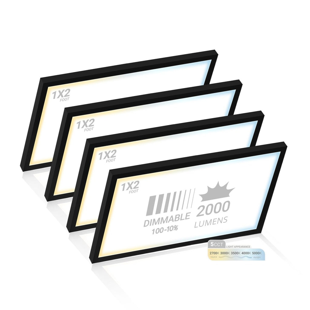 1x2 LED Flat Panel Light Surface Mount - Triac Dimmable - 5CCT 2700K-5000K - 2000LM - Black Trim