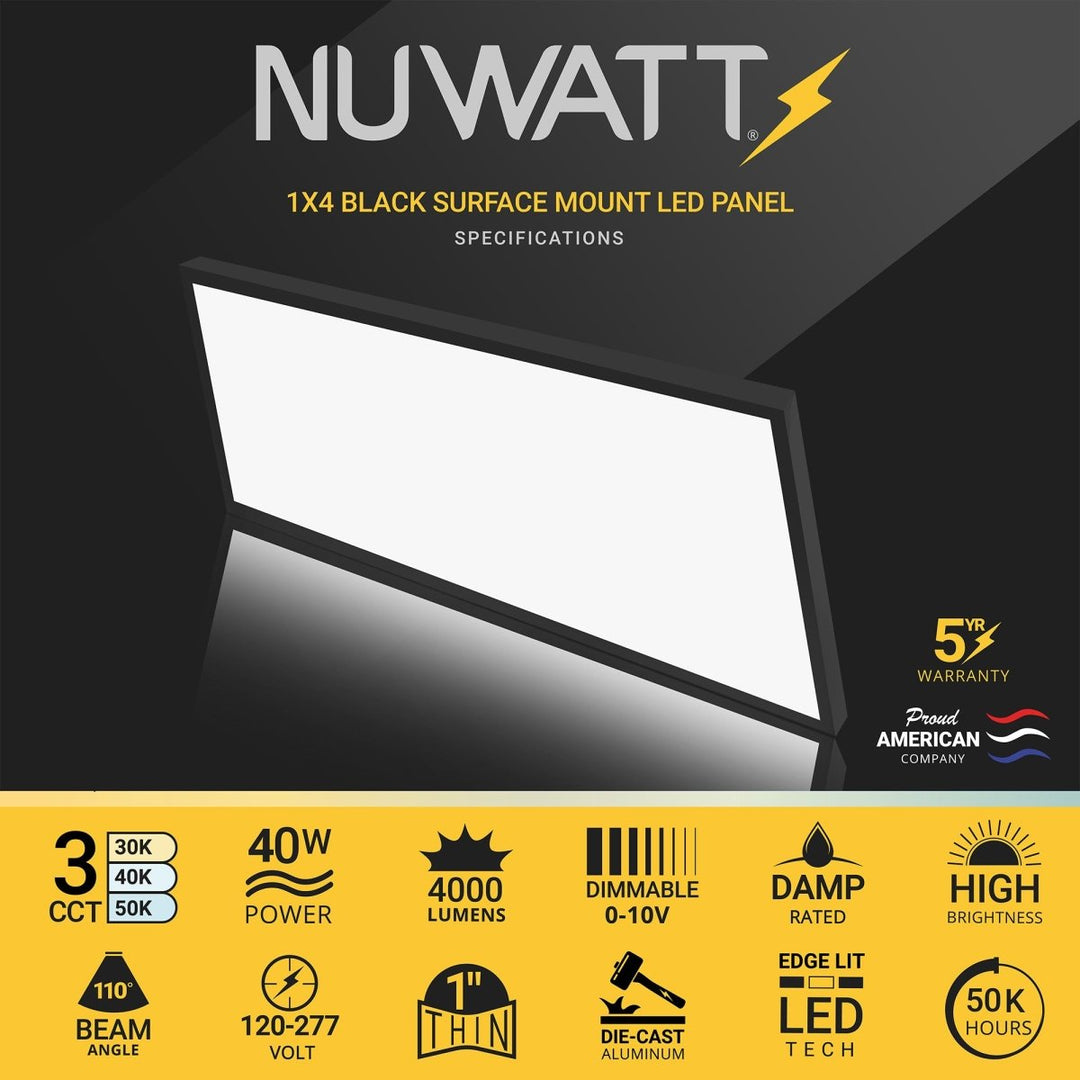 1x4 FT LED Surface Mount Panel - 3 Kelvin Selectable (3CCT) - 40 Watts - 4,000 Lumens - 120-277V - 0-10V Dimmable - CRI>90 - Black