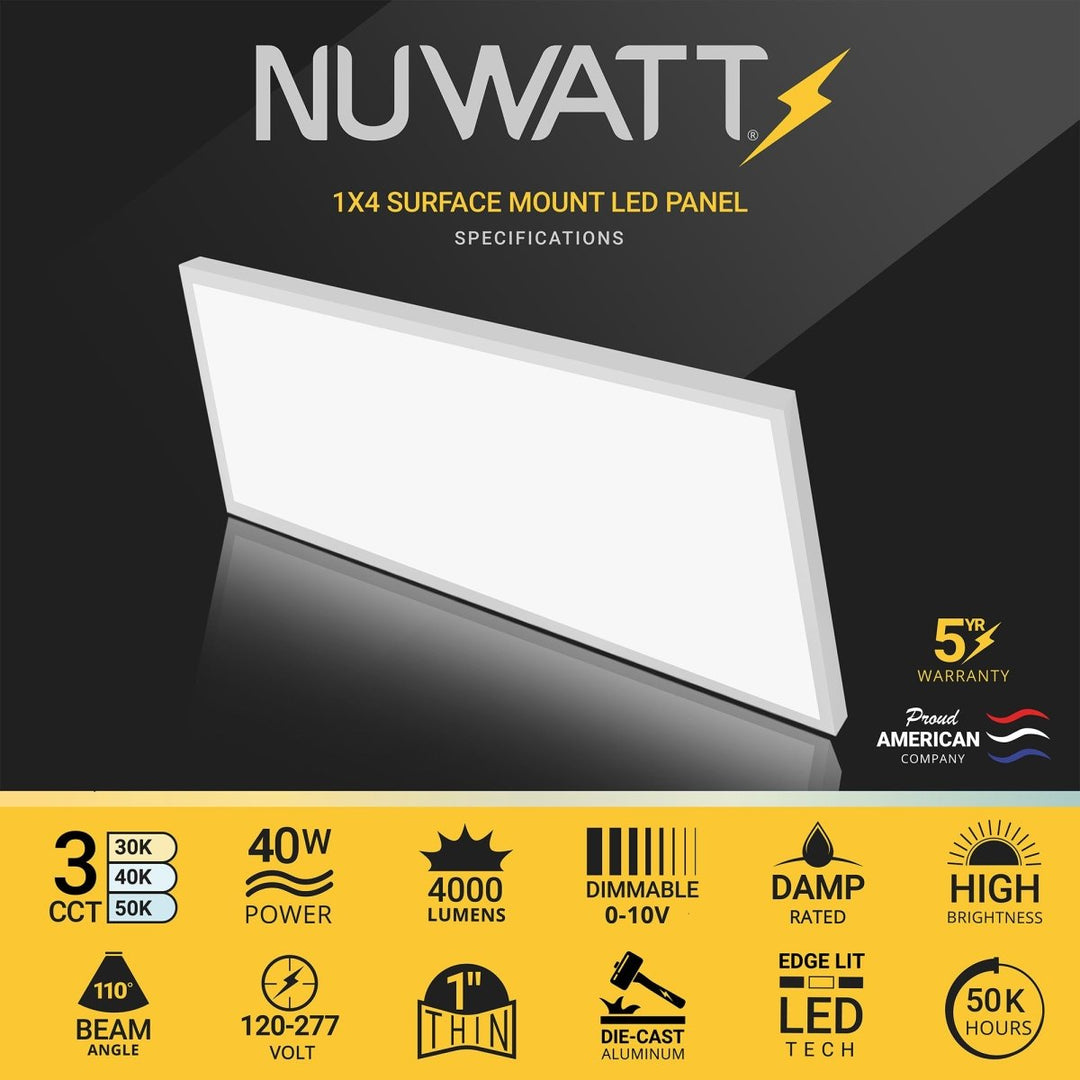 1x4 FT LED Surface Mount Panel - 3 Kelvin Selectable (3CCT) - 40 Watts - 4,000 Lumens - 120-277V - 0-10V Dimmable - CRI>80 - White Trim (2 Pack)