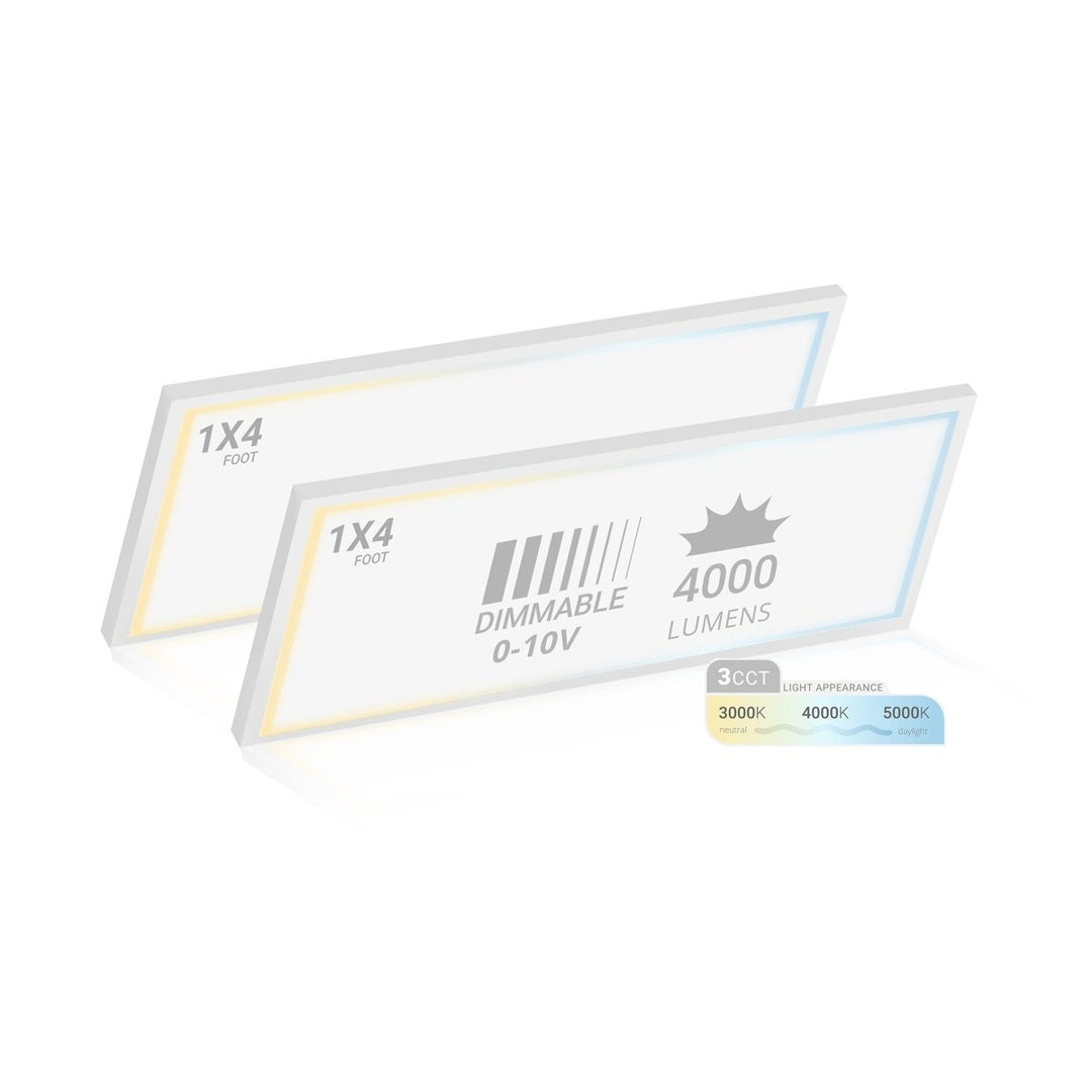 1x4 FT LED Surface Mount Panel - 3 Kelvin Selectable (3CCT) - 40 Watts - 4,000 Lumens - 120-277V - 0-10V Dimmable - CRI>80 - White Trim (2 Pack)