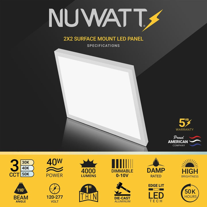 2x2 FT Square LED Surface Mount Panel - 3 Kelvin Selectable (3CCT) - 40 Watts - 4,000 Lumens - 120-277V - 0-10V Dimmable - CRI>80 - White Trim