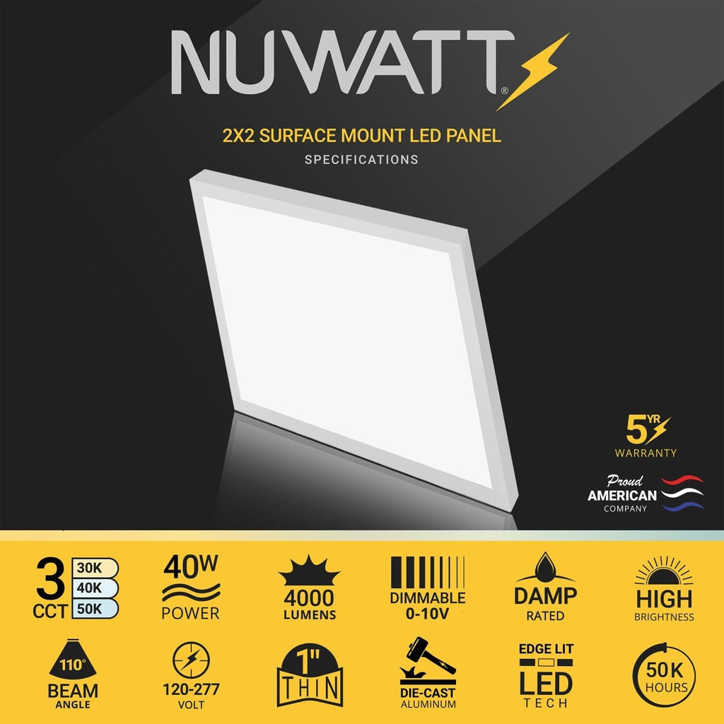 2x2 LED Flat Panel Light Surface Mount - 0-10V Dimmable - 3CCT 3000K-5000K - 4000LM