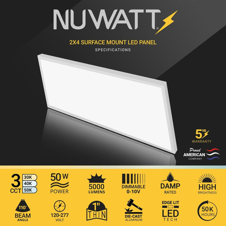 2x4 FT LED Surface Mount Panel - 3 Kelvin Selectable (3CCT) - 50 Watts - 5,000 Lumens - 120-277V - 0-10V Dimmable - CRI>80 - White Trim
