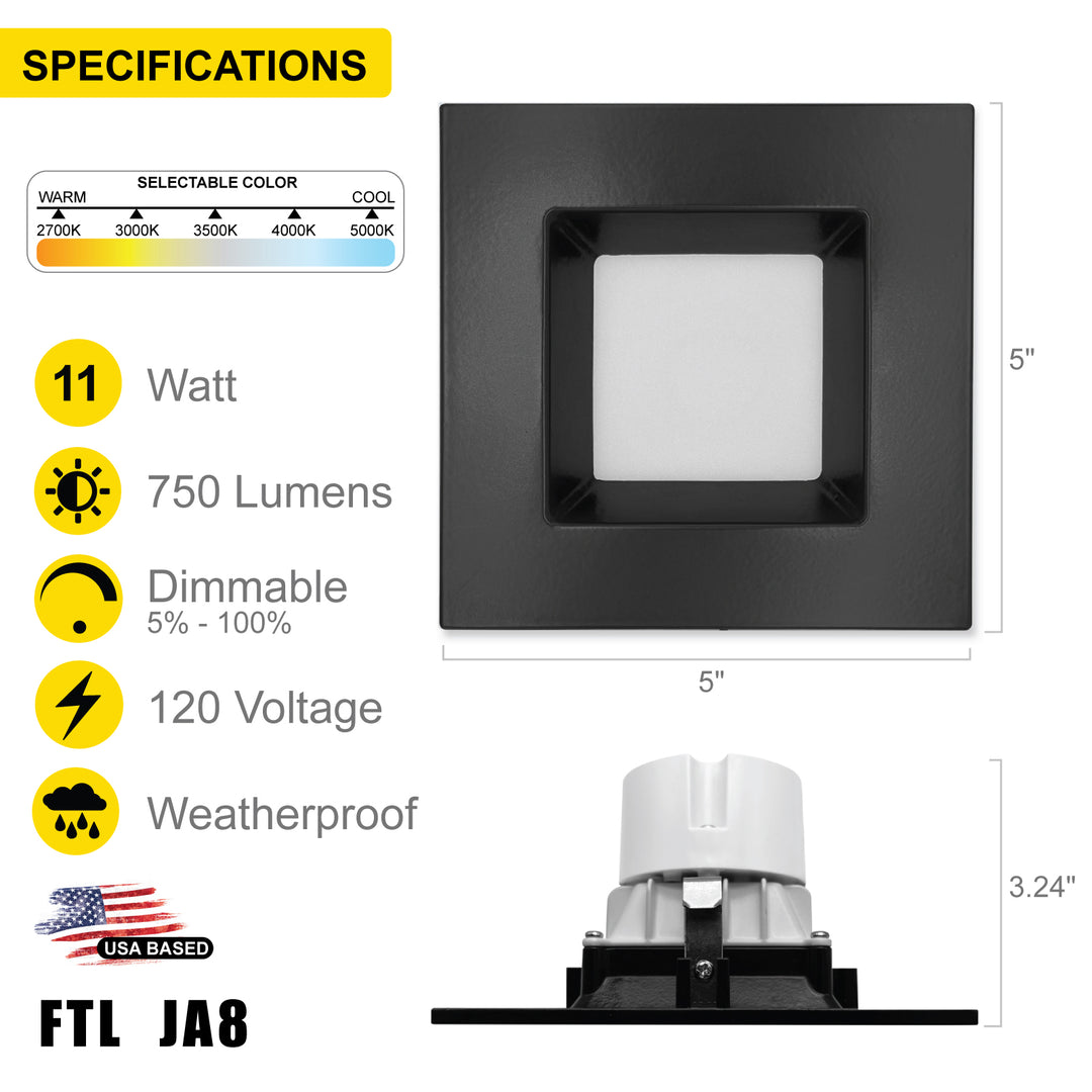 4" Inch Black Square Recessed Retrofit LED Downlight - 5 Kelvin Temperatures (5CCT) - 11 Watts - 750 Lumens - Dimmable | Square Retrofit | Nuwatt Lighting