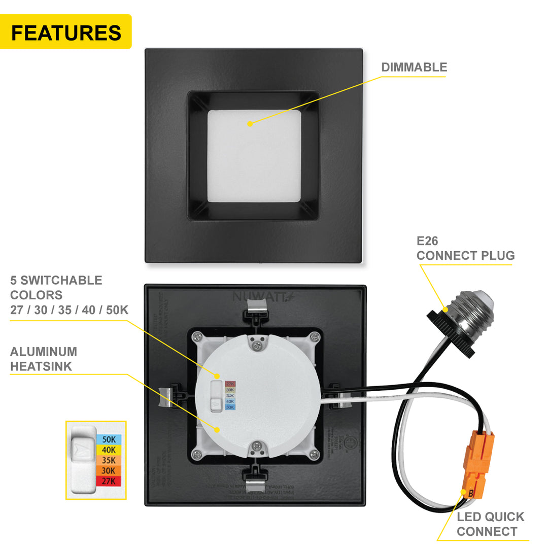 4" Inch Black Square Recessed Retrofit LED Downlight - 5 Kelvin Temperatures (5CCT) - 11 Watts - 750 Lumens - Dimmable | Square Retrofit | Nuwatt Lighting