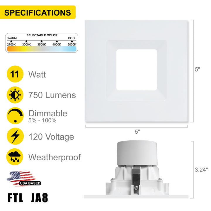 4" Inch White Square Recessed Retrofit LED Downlight - 5 Kelvin Temperatures (5CCT) - 11 Watts - 750 Lumens - Dimmable | Square Retrofit | Nuwatt Lighting