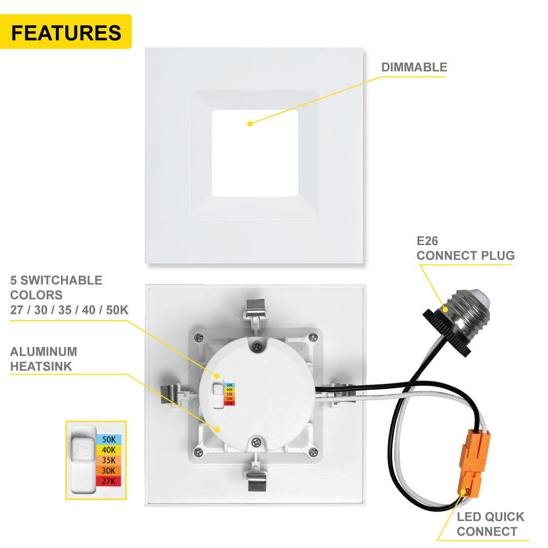 4" Inch White Square Recessed Retrofit LED Downlight - 5 Kelvin Temperatures (5CCT) - 11 Watts - 750 Lumens - Dimmable | Square Retrofit | Nuwatt Lighting