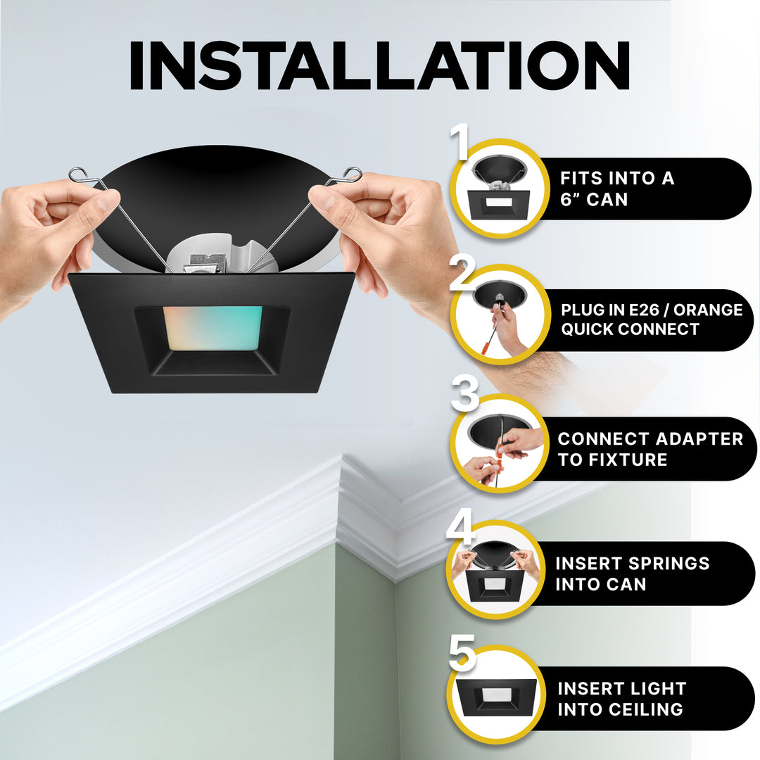 6" Inch Black Square Retrofit LED Recessed Downlight - 5 Kelvin Temperatures (5CCT) - 14 Watt - 1100 Lumens - Dimmable | Square Retrofit | Nuwatt Lighting