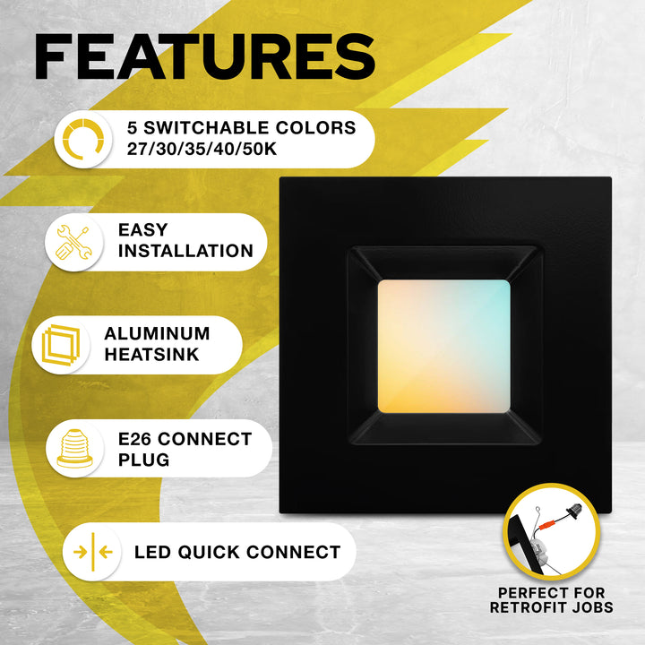 6" Inch Black Square Retrofit LED Recessed Downlight - 5 Kelvin Temperatures (5CCT) - 14 Watt - 1100 Lumens - Dimmable | Square Retrofit | Nuwatt Lighting