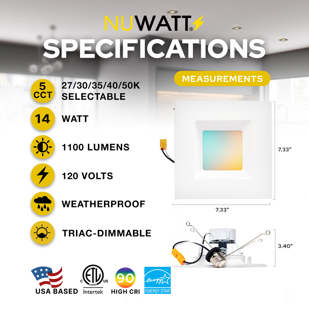 6" Inch White Square Retrofit LED Recessed Downlight - 5 Kelvin Temperatures (5CCT) - 14 Watt - 1100 Lumens - Dimmable | Square Retrofit | Nuwatt Lighting
