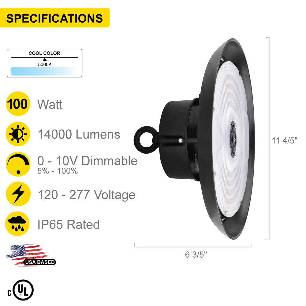 UFO LED High Bay Industrial Warehouse LED Fixture 100W, 5000K Daylight, 13,000 Lumens, 120-277v, 1-10V Dimmable | UFO High Bay | Nuwatt Lighting