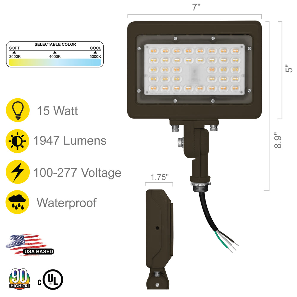 NUWATT LED Flood Light Outdoor - 15W - 1950 Lumens - 3CCT Color Selectable 3000K, 4000K, 5000K - Waterproof LED Flood Light with 1/2" Knuckle Mount - 100-277V- Bronze Finish | Flood Light | Nuwatt Lighting