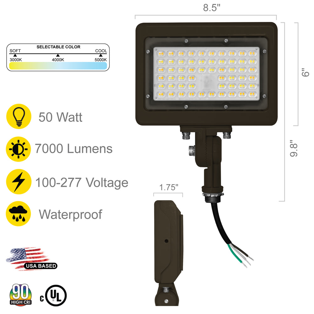 NUWATT LED Flood Light Outdoor - 50W - 7050 Lumens - 3CCT Color Selectable 3000K, 4000K, 5000K - Dimmable - Waterproof LED Flood Light with 1/2" Knuckle Mount - 100-277V - Bronze Finish | Flood Light | Nuwatt Lighting