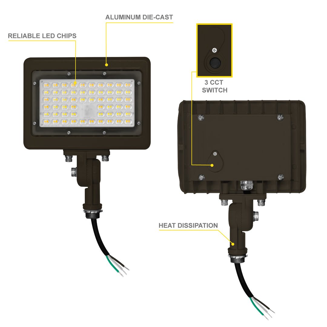 NUWATT LED Flood Light Outdoor - 50W - 7050 Lumens - 3CCT Color Selectable 3000K, 4000K, 5000K - Dimmable - Waterproof LED Flood Light with 1/2" Knuckle Mount - 100-277V - Bronze Finish | Flood Light | Nuwatt Lighting