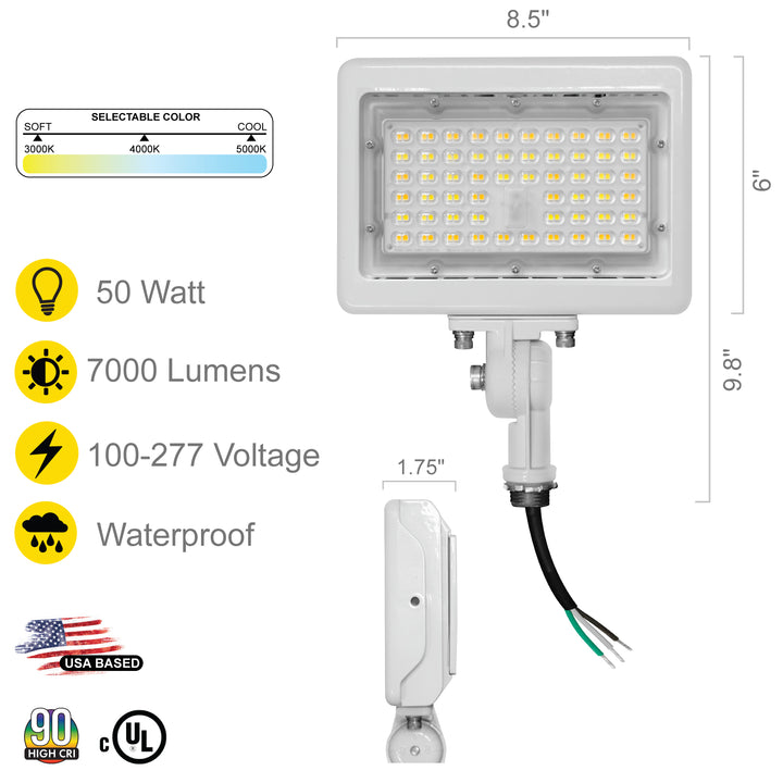 NUWATT LED Flood Light Outdoor - 50W - 7050 Lumens - 3CCT Color Selectable 3000K, 4000K, 5000K - Dimmable - Waterproof LED Flood Light with 1/2" Knuckle Mount - 100-277V - White Finish | Flood Light | Nuwatt Lighting