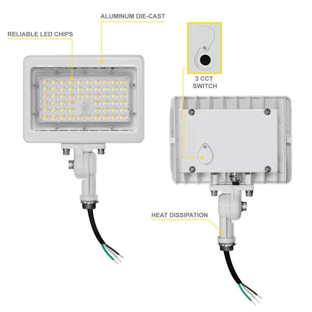 NUWATT LED Flood Light Outdoor - 50W - 7050 Lumens - 3CCT Color Selectable 3000K, 4000K, 5000K - Dimmable - Waterproof LED Flood Light with 1/2" Knuckle Mount - 100-277V - White Finish | Flood Light | Nuwatt Lighting